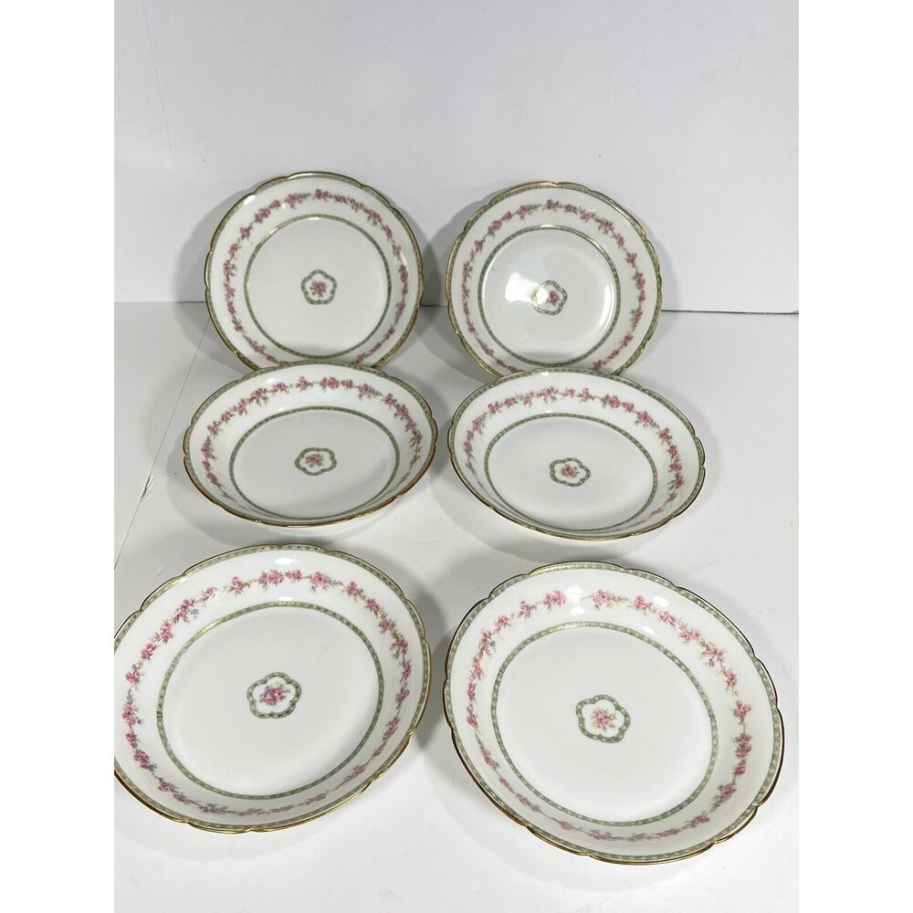 Set of 6 Haviland GDA Limoges Coupe Salad Plates Pink Roses Green Gold Trim 7.5”